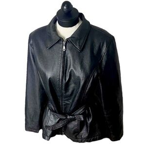 Vintage Jacqueline Ferrari Black Belted Full Zip Moto Leather Designer Jacket PL